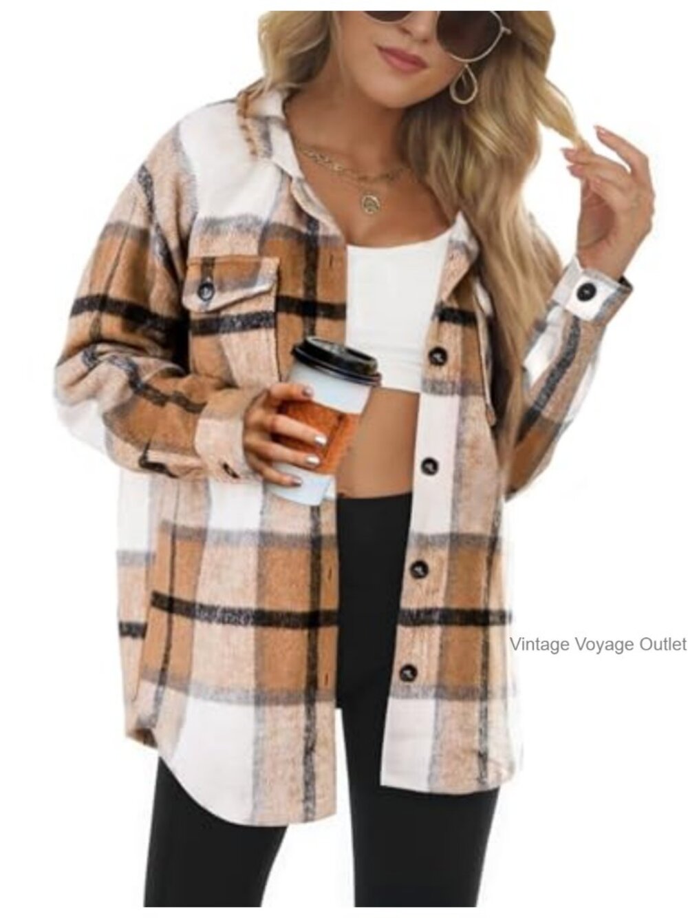Women's Plaid Flannel Shacket Button Down Long Sleeve Oversized Shirt Jacket